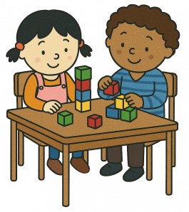 children at table playing with building blocks